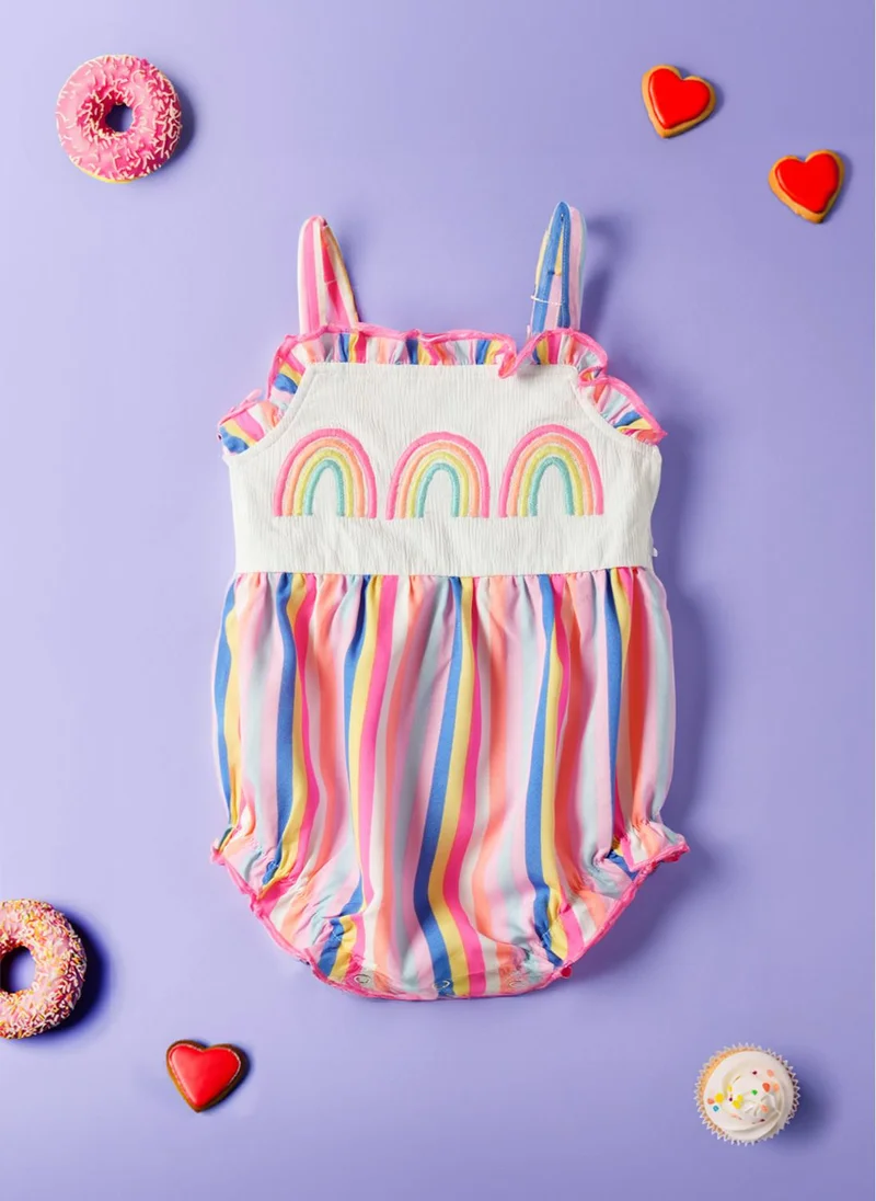 Girls' Multicolour Striped & Embroidered Jumpsuit